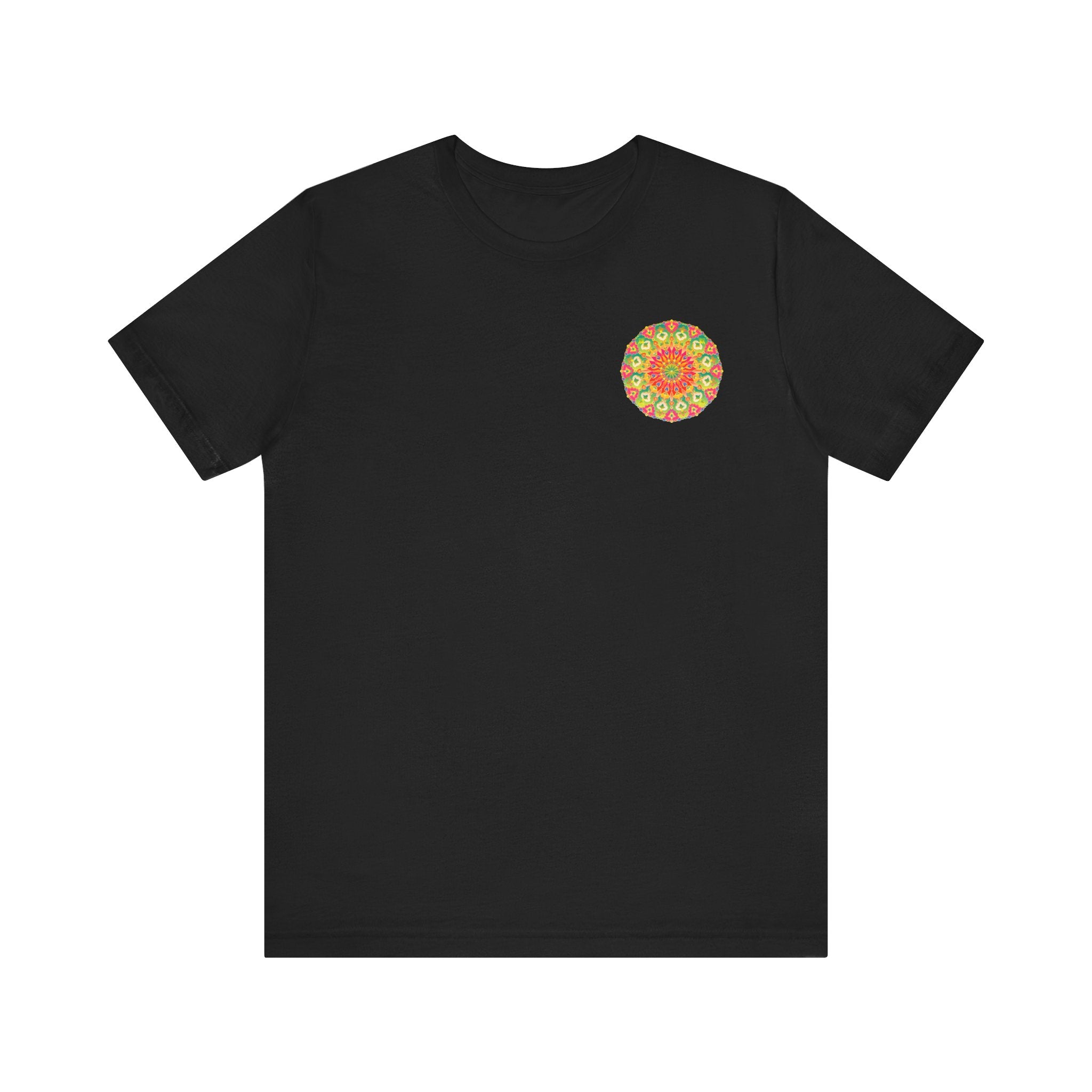 A colorful mandala design on a t-shirt symbolizing spiritual peace and harmony