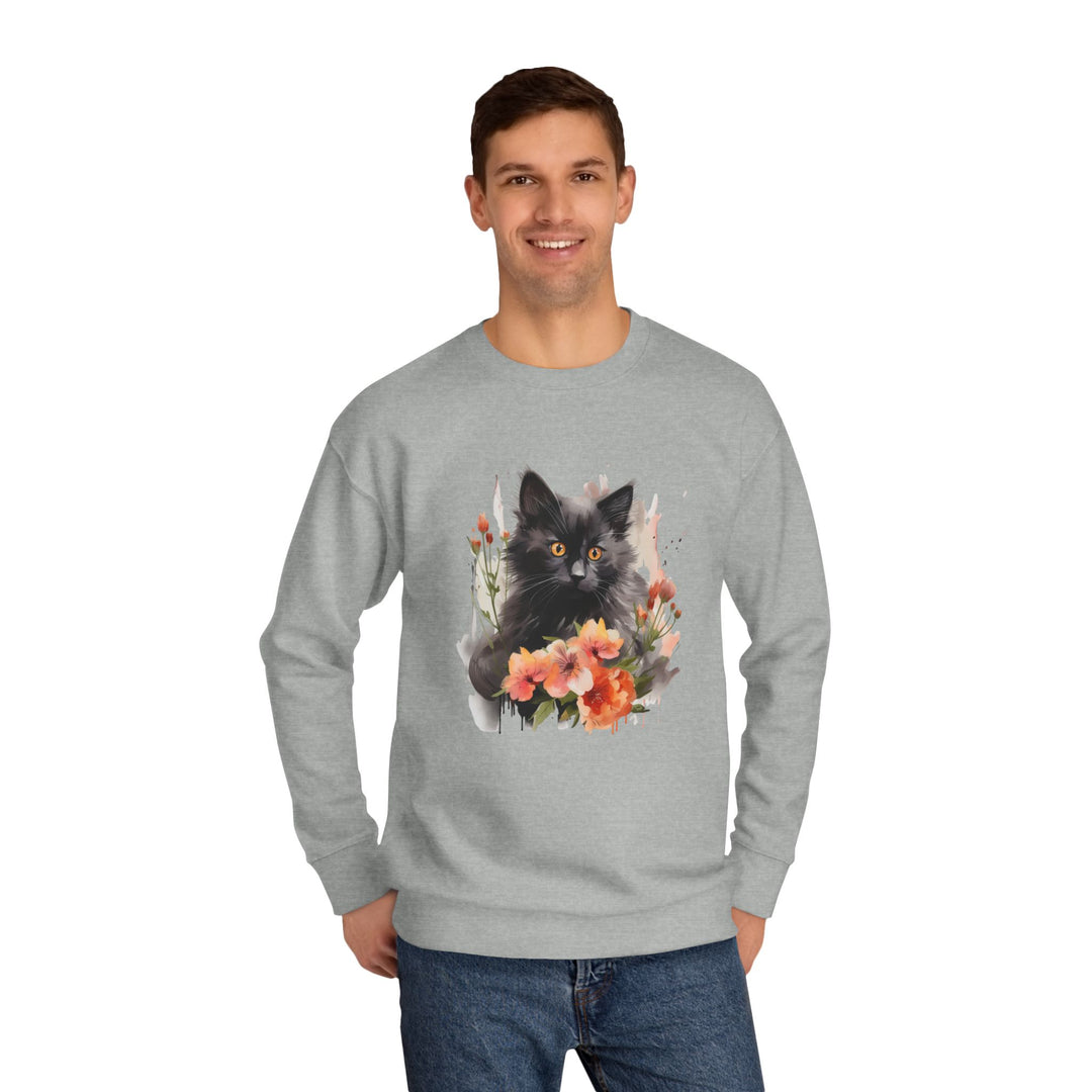 Black Cat and Blossoming Flowers Soft Cotton Sweatshirt