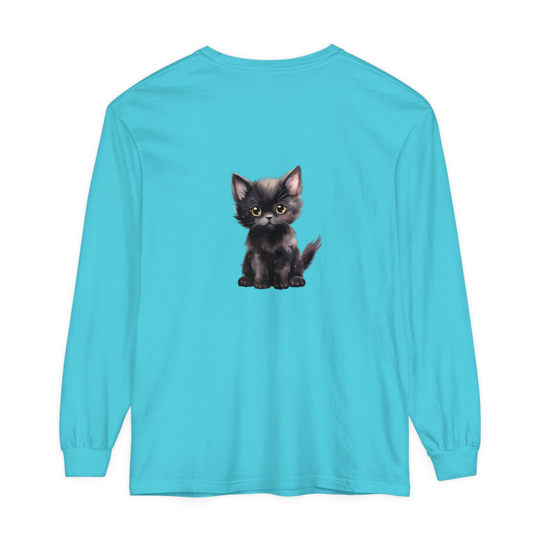 Adorable black kitten with bright yellow eyes printed on a long sleeve t-shirt