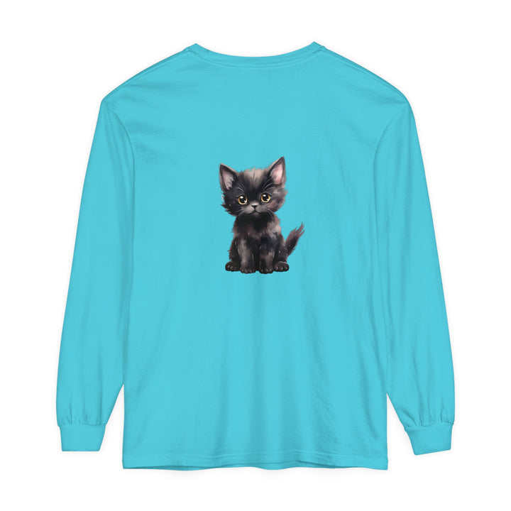 Adorable black kitten with bright yellow eyes printed on a long sleeve t-shirt