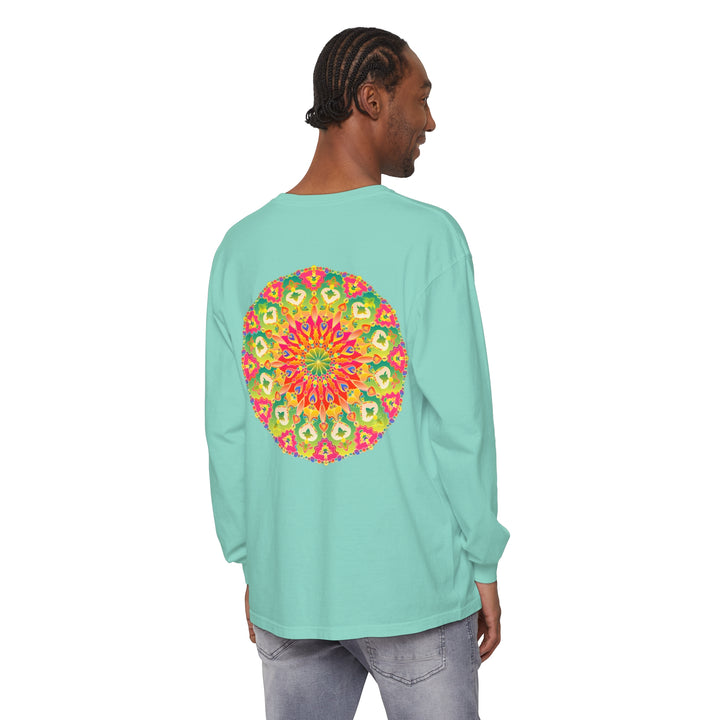 A close-up image of an intricately designed mandala long sleeve t-shirt featuring vibrant and colorful art