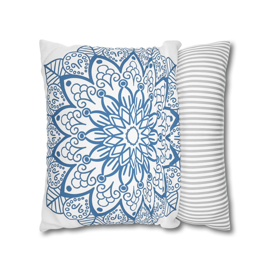 Steel blue mandala art printed on spun polyester square pillowcase