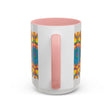 A vibrant and intricately detailed mandala art mug featuring a colorful floral design