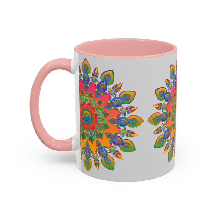 Colorful mandala mug featuring intricate and vibrant art on a grey background