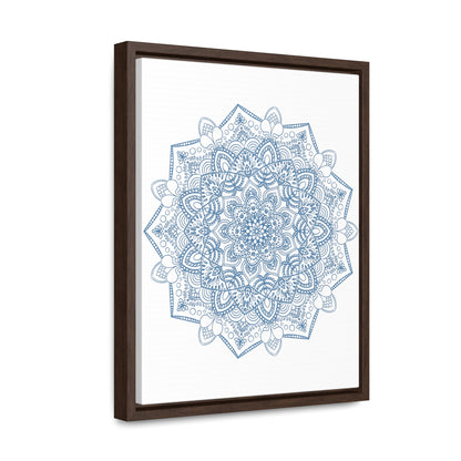 Mandala Handmade Art in Steel Blue, Mandala Design Wall Art on Gallery Canvas Wraps, displayed in a Vertical Frame