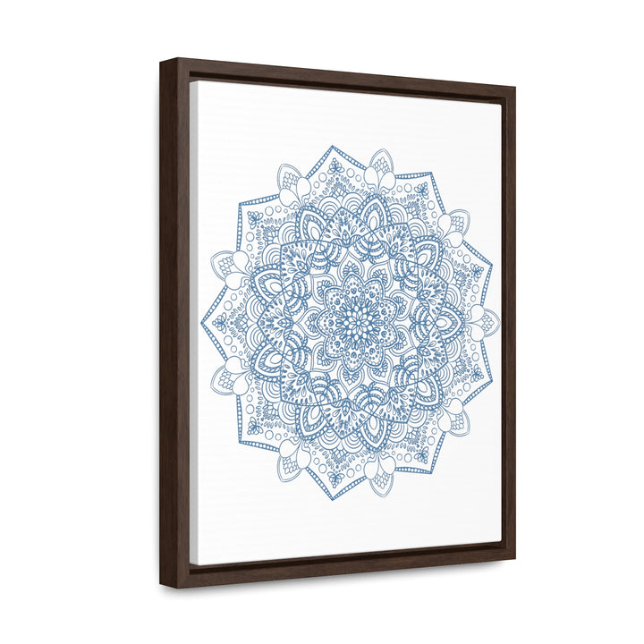 Mandala Handmade Art in Steel Blue, Mandala Design Wall Art on Gallery Canvas Wraps, displayed in a Vertical Frame