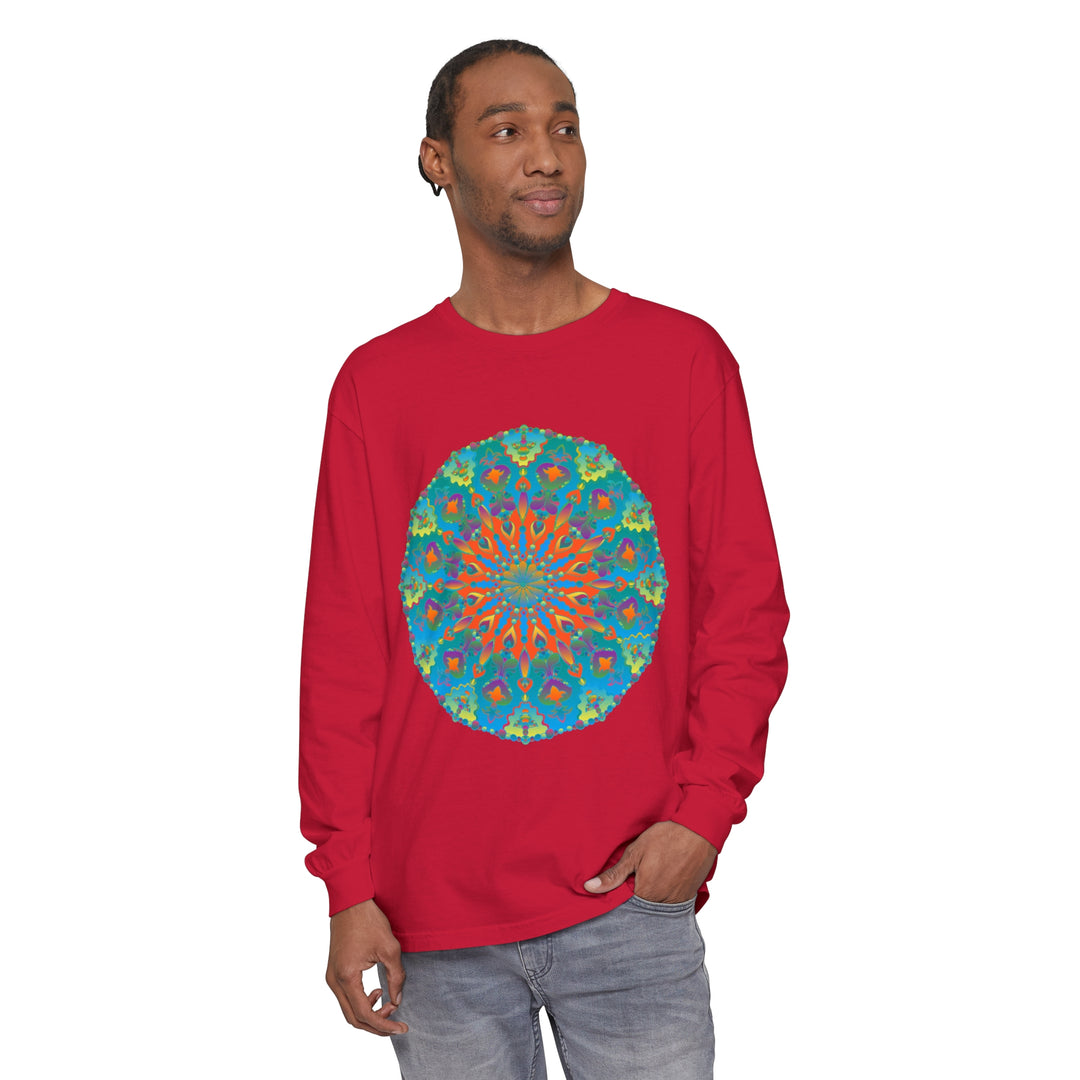 Colorful and intricate mandala design long sleeve t-shirt with rainbow hues