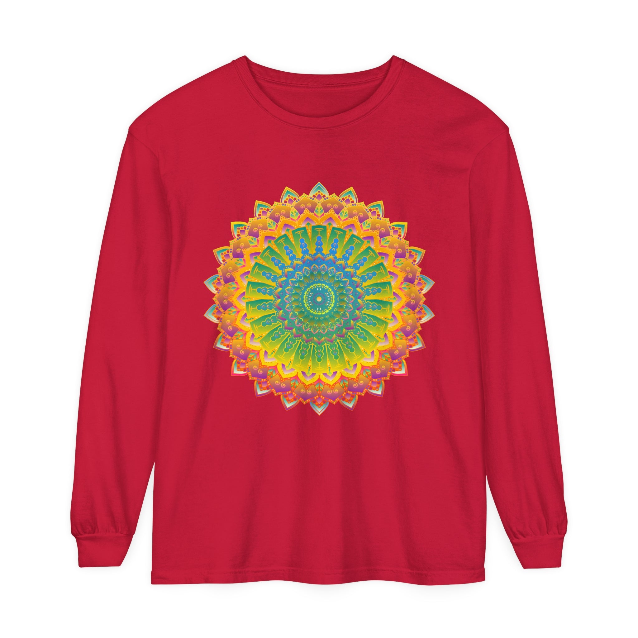 Intricate Mandala Unisex Long Sleeve T-Shirt featuring detailed mandala design in vibrant colors