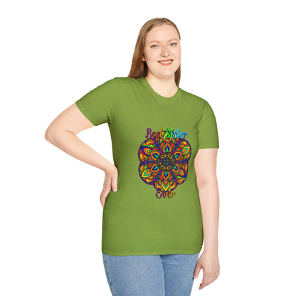 Colorful mandala art gift for sister unisex softstyle t-shirt with hand-drawn design