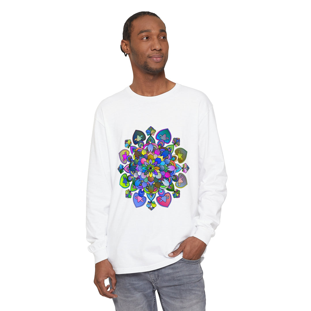 Colorful and intricate mandala design featured on a long sleeve t-shirt