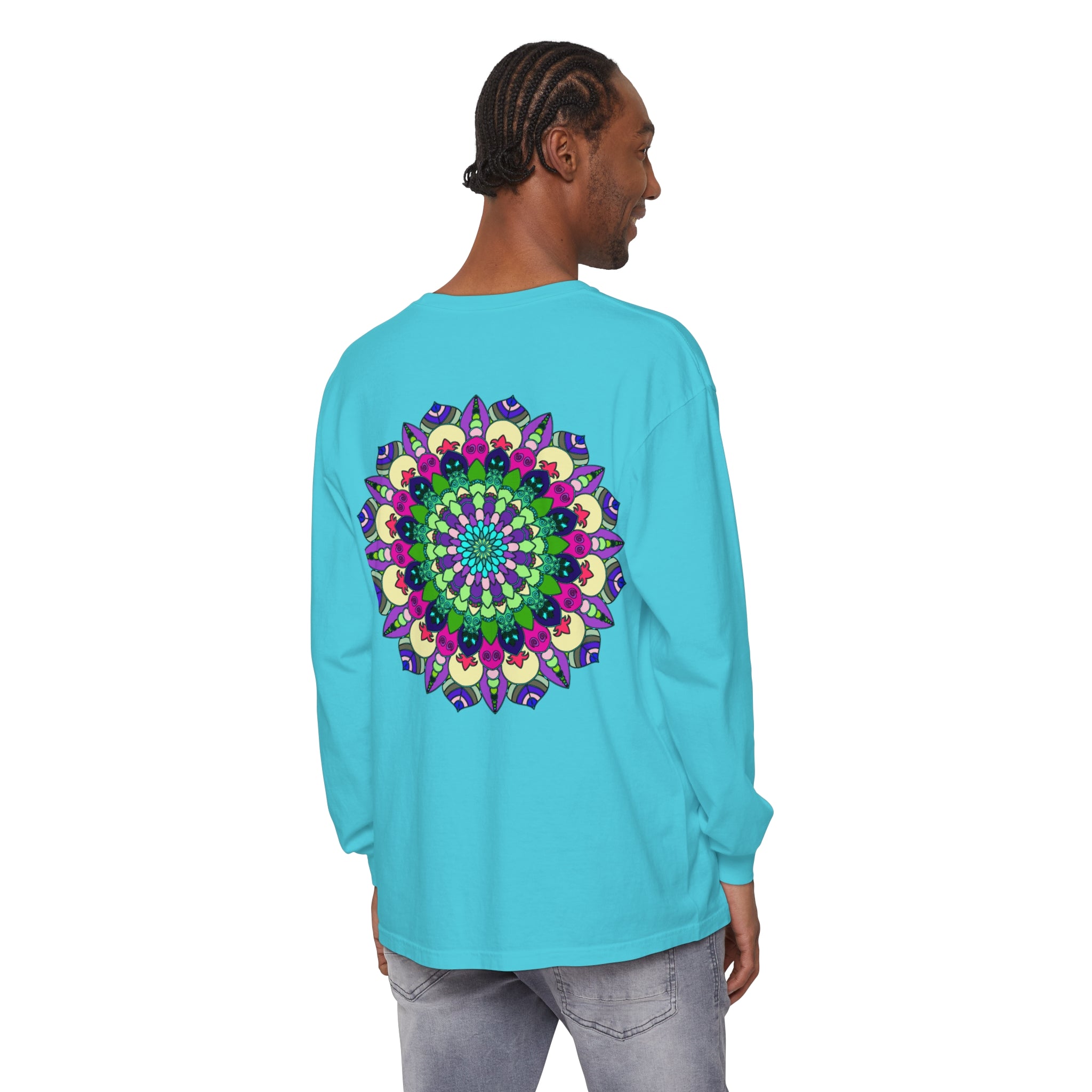 Colorful and intricate mandala design on a unisex long sleeve t-shirt