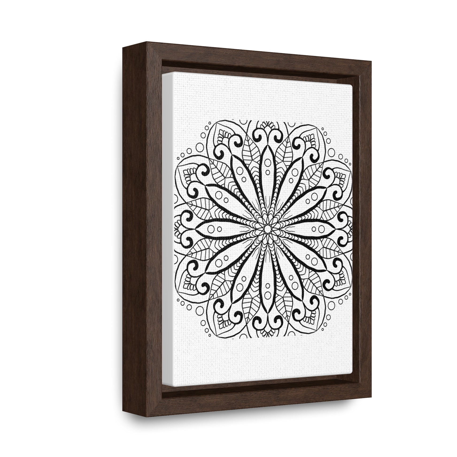 Handmade black and white mandala art on gallery canvas wraps, displayed in a vertical frame for wall decor