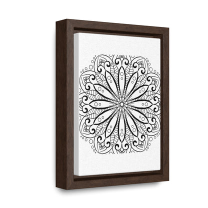 Handmade black and white mandala art on gallery canvas wraps, displayed in a vertical frame for wall decor