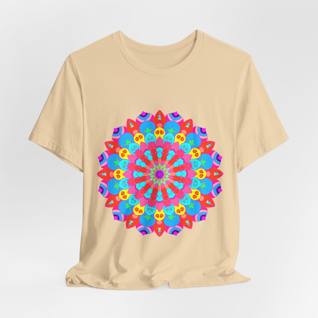 Vibrant and intricate mandala design on a t-shirt, featuring psychedelic and colorful art inspired by spirituality and cultural symbolism