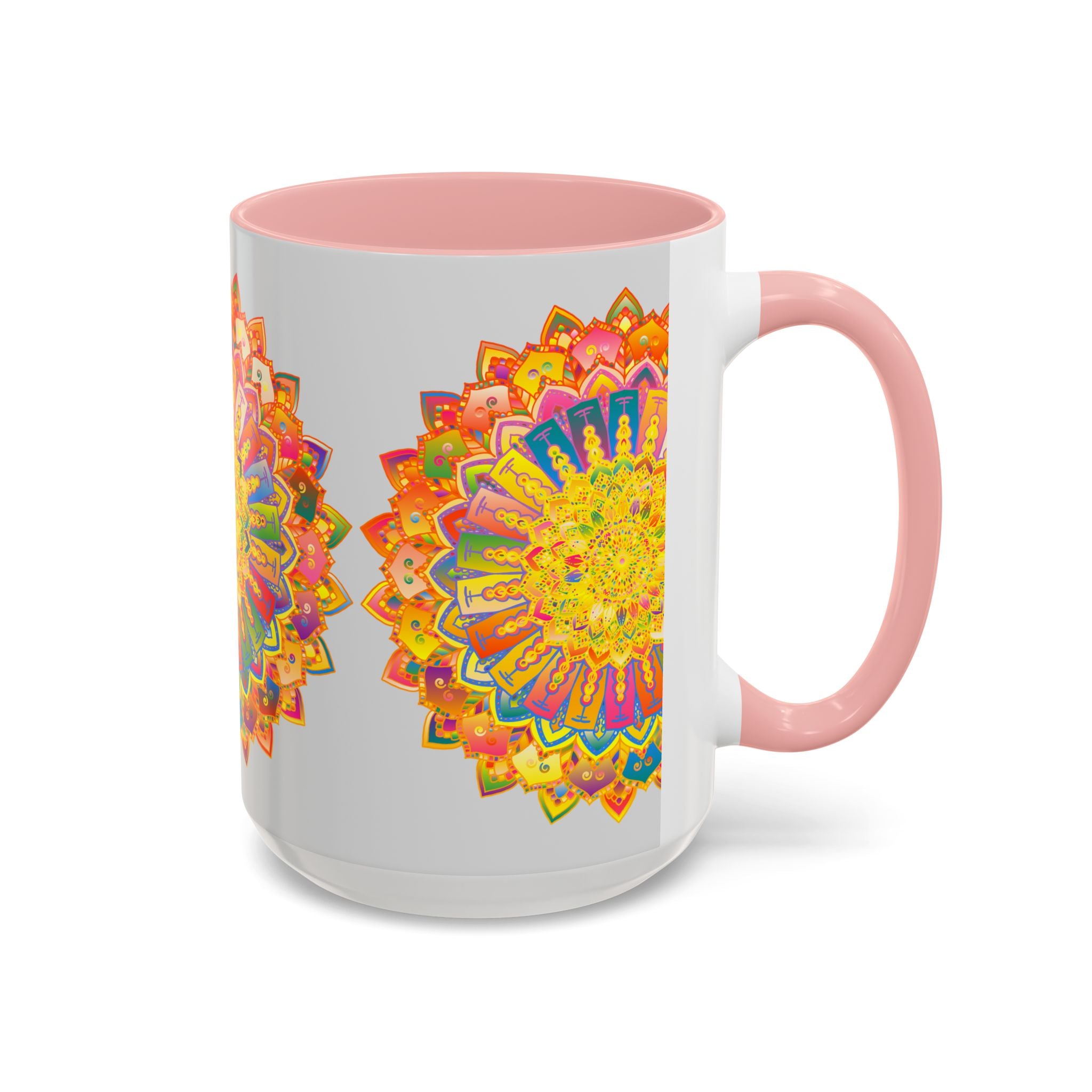 Vibrant and colorful mandala artwork on a grey ceramic mug