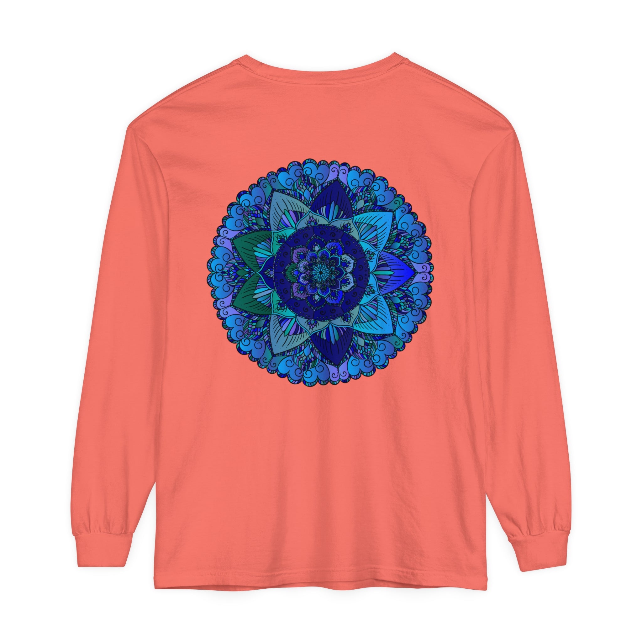 Dark blue and green mandala long sleeve t-shirt with intricate design