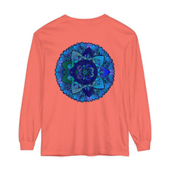 Dark blue and green mandala long sleeve t-shirt with intricate design