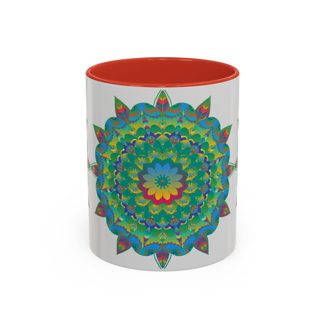 Beautiful ceramic mug with a vibrant mandala floral design in various colors