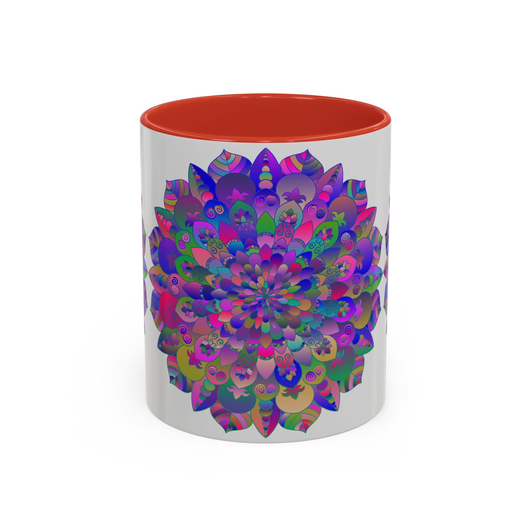 Colorful psychedelic mandala mug with intricate spiritual art design