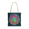 Dark green tote bag with a colorful mandala design, perfect for carrying your belongings in style