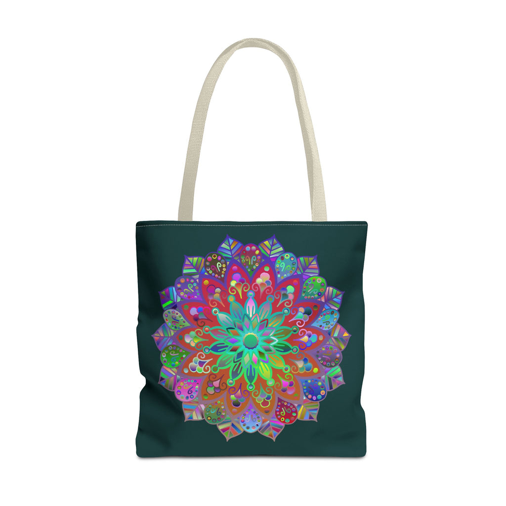 Dark green tote bag with a colorful mandala design, perfect for carrying your belongings in style