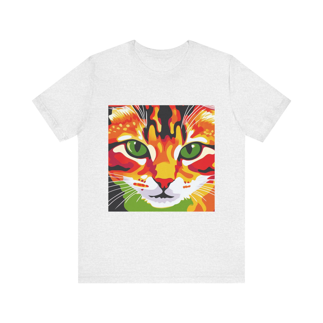 A beautifully designed Savanna Cat Abstract Art T-Shirt, perfect for cat lovers and art enthusiasts, featuring a striking and vibrant illustration of a savanna cat against a colorful abstract background