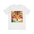 A beautifully designed Savanna Cat Abstract Art T-Shirt, perfect for cat lovers and art enthusiasts, featuring a striking and vibrant illustration of a savanna cat against a colorful abstract background