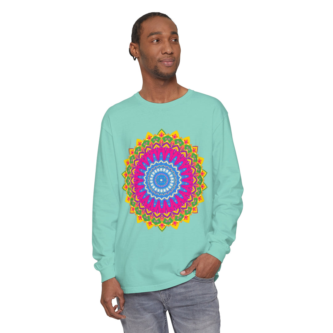 Colorful and intricate mandala design on unisex long sleeve t-shirt