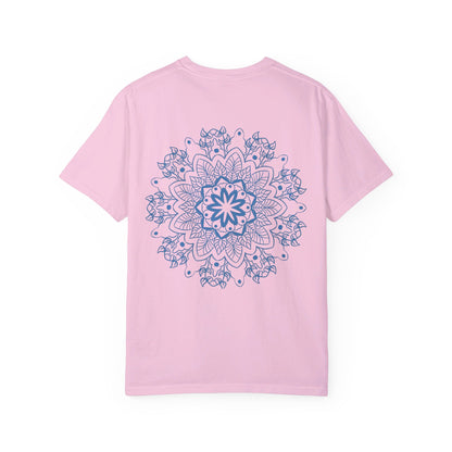 Handmade unisex Mandala T-shirt with intricate, hand-drawn Mandala art design, garment-dyed for unique, artistic look