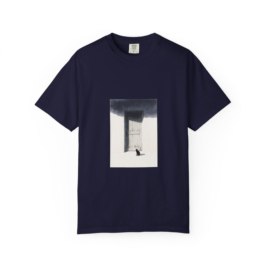 T-Shirt — Minimal Art Cat at Door Graphic Tee