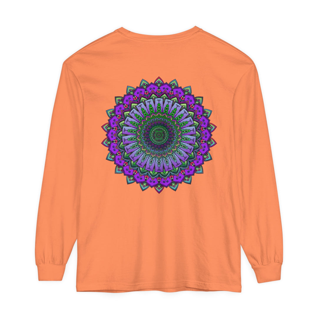 Intricate Mandala design in black and white on a comfortable unisex long sleeve t-shirt