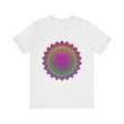 Vibrant Mandala Tee featuring colorful spiritual art, perfect for meditation and yoga practice, with intricate geometric patterns and bold, eye-catching colors