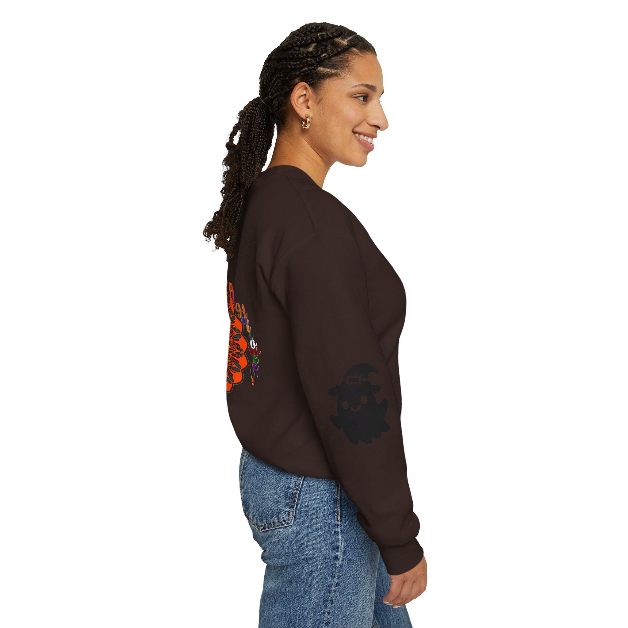 Unisex Heavy Blend™ Crewneck Sweatshirt featuring adorable Halloween ghosts on a black background, perfect for festive and cozy fall attire