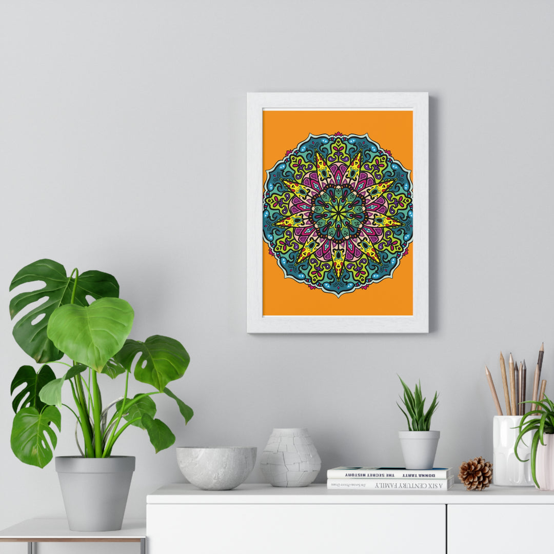 A beautiful orange mandala art poster hand-drawn with intricate details