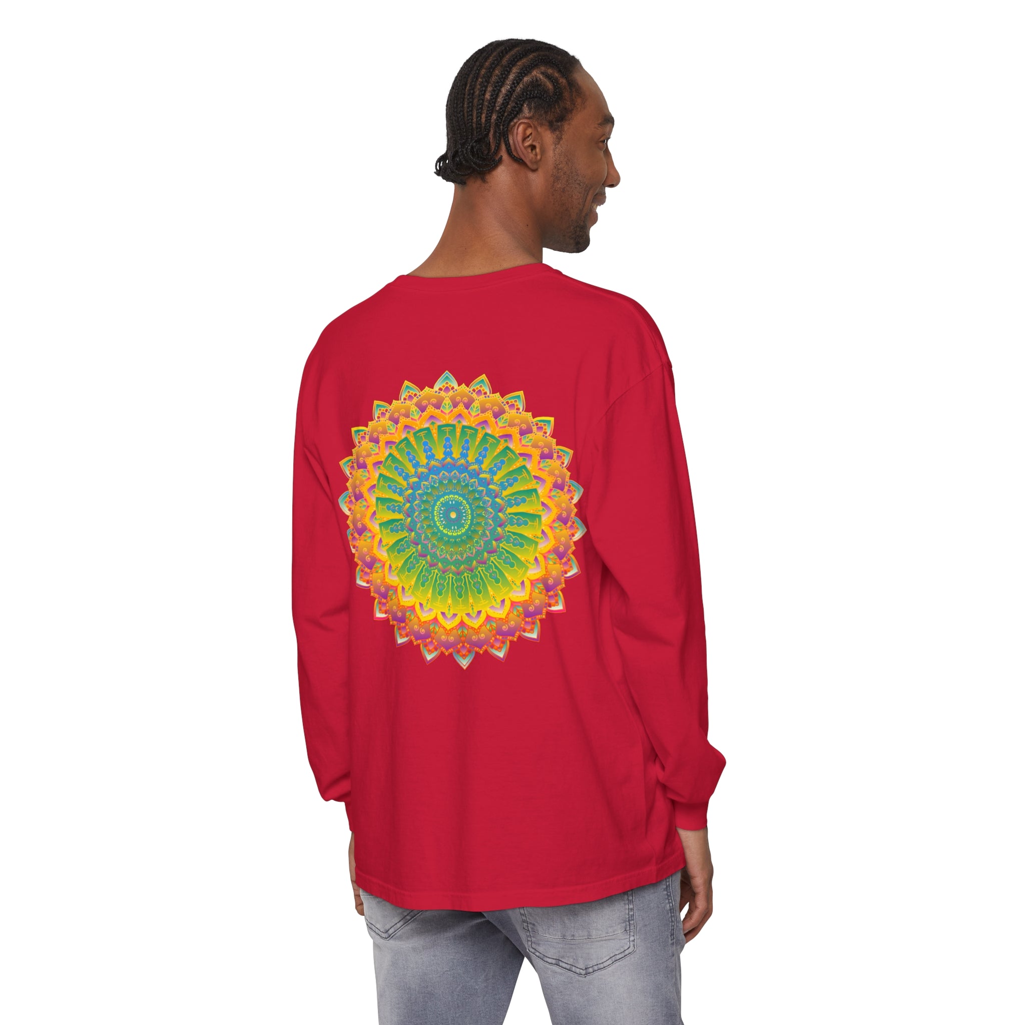 Intricate Mandala Unisex Long Sleeve T-Shirt featuring detailed mandala design on sleeves and front