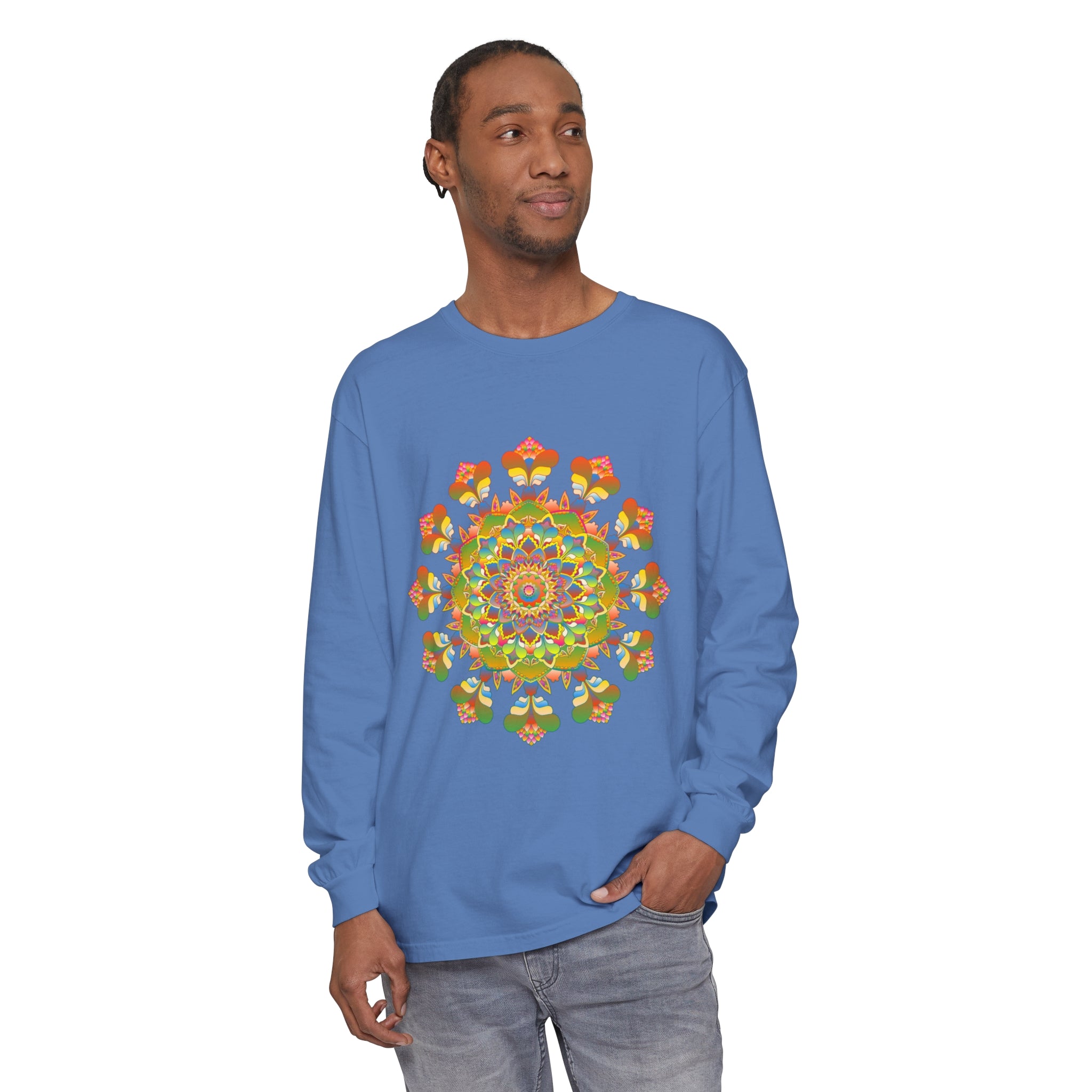 Vibrant Mandala Long Sleeve T-Shirt in colorful art design with intricate patterns and bold, eye-catching colors