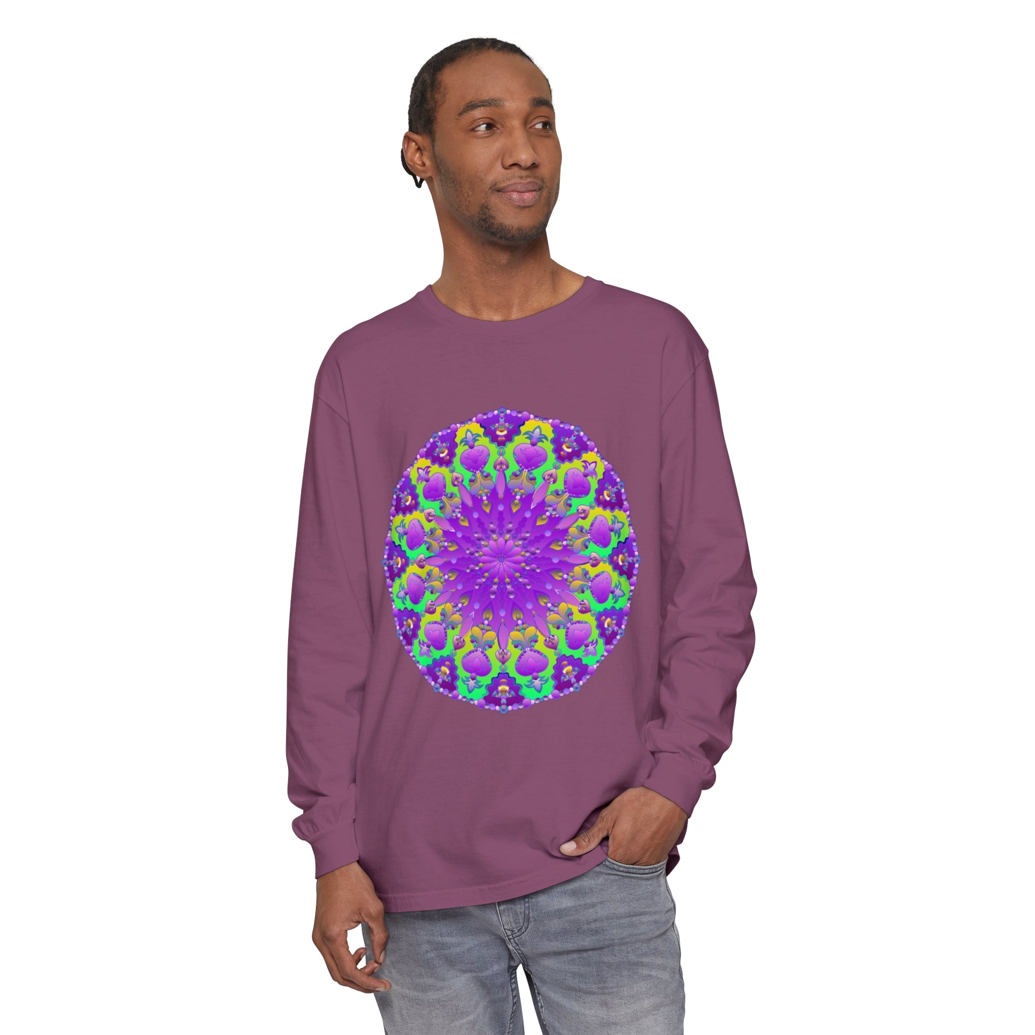 Vibrant and eye-catching long sleeve t-shirt featuring a purple and green mandala design