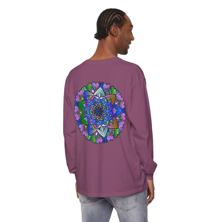 Colorful and intricate mandala design on a unisex long sleeve t-shirt