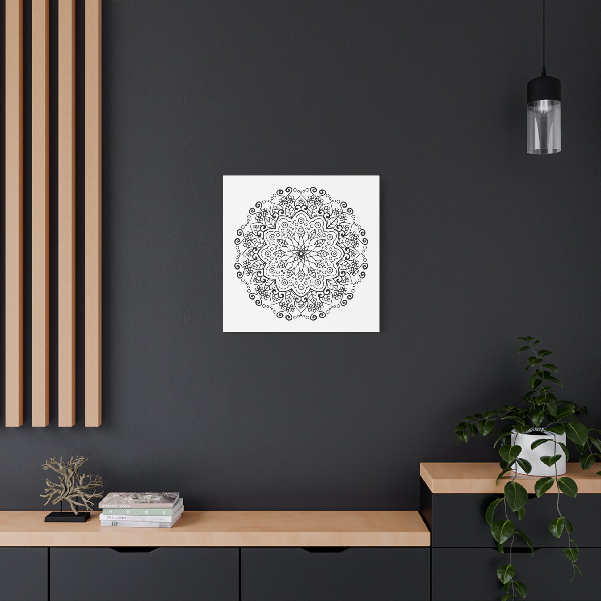 Handmade Mandala Art - Black & White Wall Art - Matte Canvas, Stretched, 125 - Intricately designed circular pattern with precise detailing in monochromatic hues