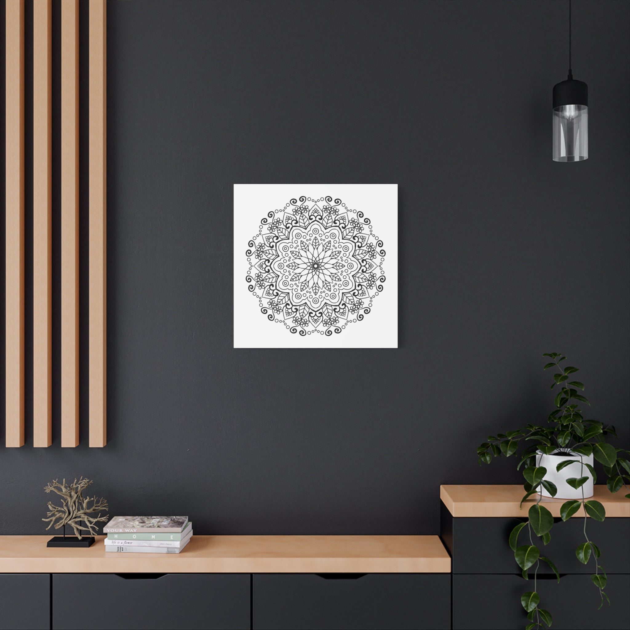 Handmade Mandala Art - Black & White Wall Art - Matte Canvas, Stretched, 125 - Intricately designed circular pattern with precise detailing in monochromatic hues