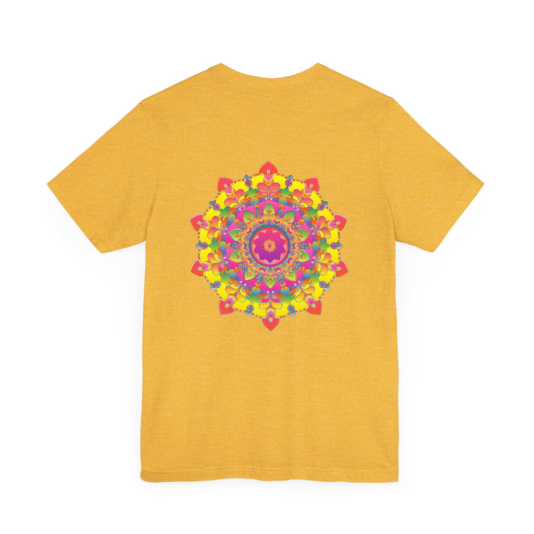 A beautiful and colorful mandala tee with spiritual motifs for peace and harmony