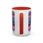 A colorful mandala design featuring vibrant art on a grey ceramic mug