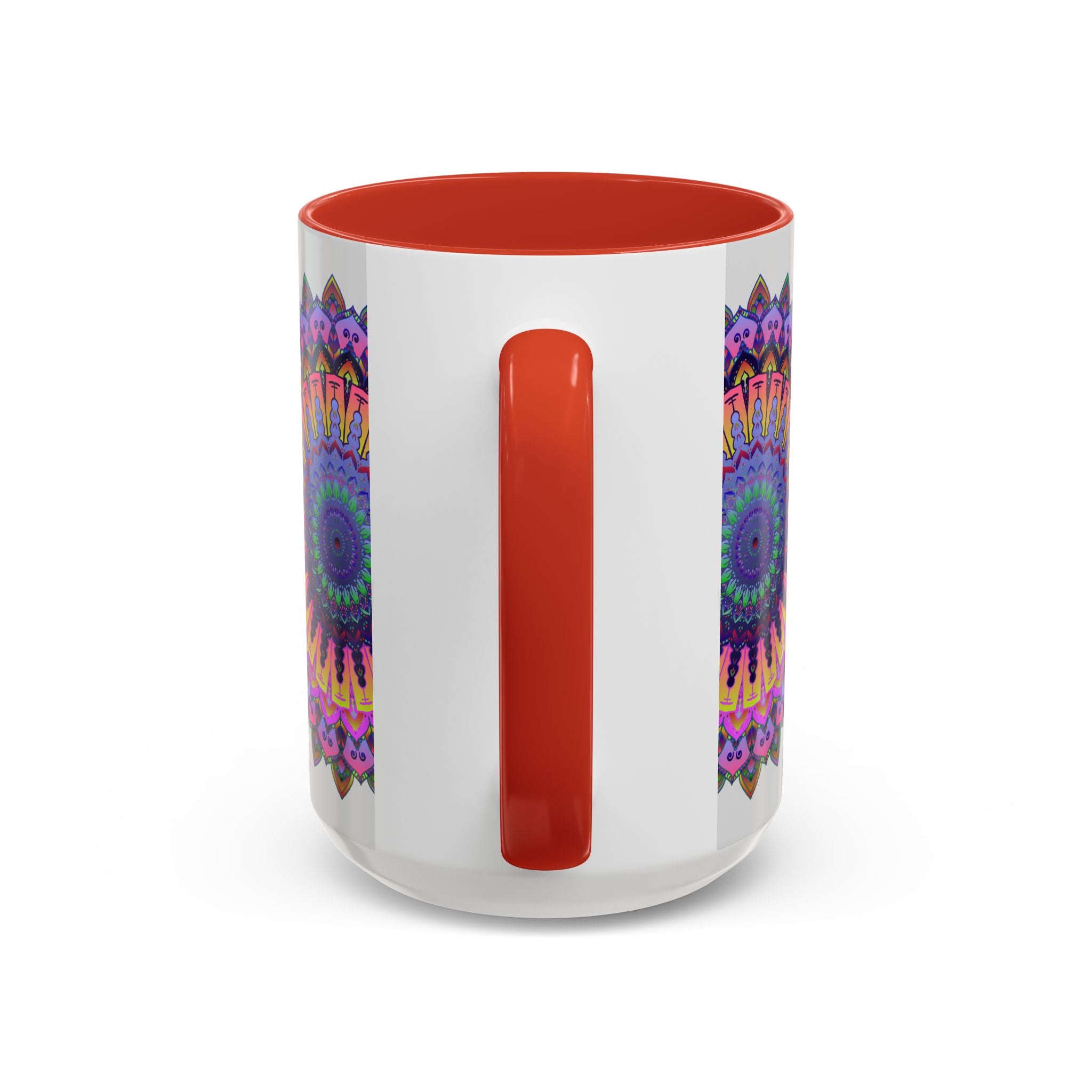 A colorful mandala design featuring vibrant art on a grey ceramic mug