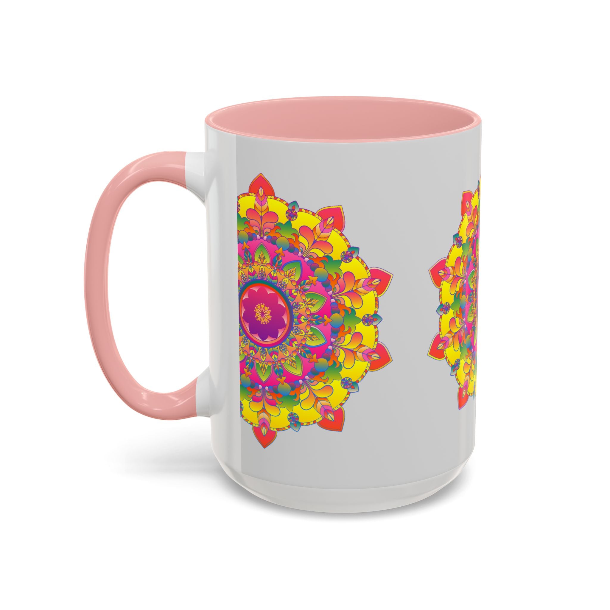 Beautiful mandala design in vibrant colors on a grey ceramic mug