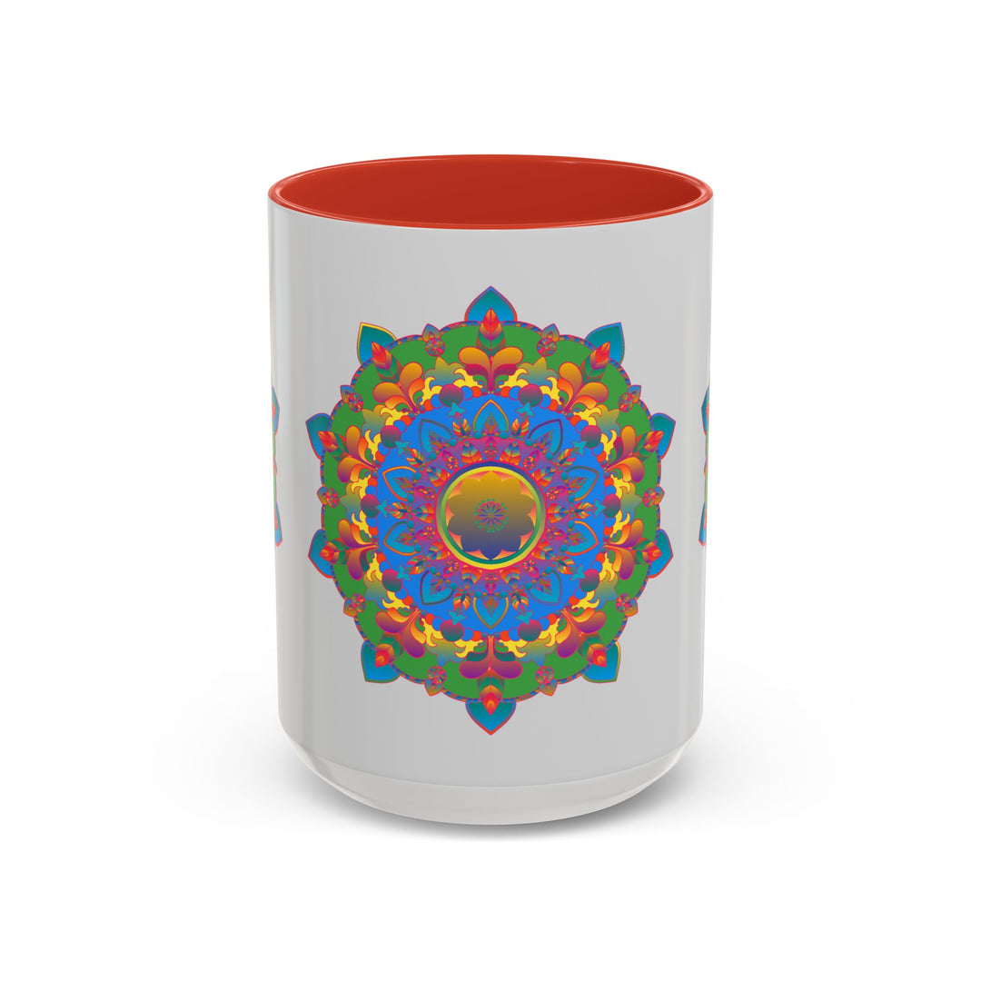 Colorful mandala flower design on grey ceramic mug