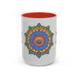 Colorful mandala flower design on grey ceramic mug