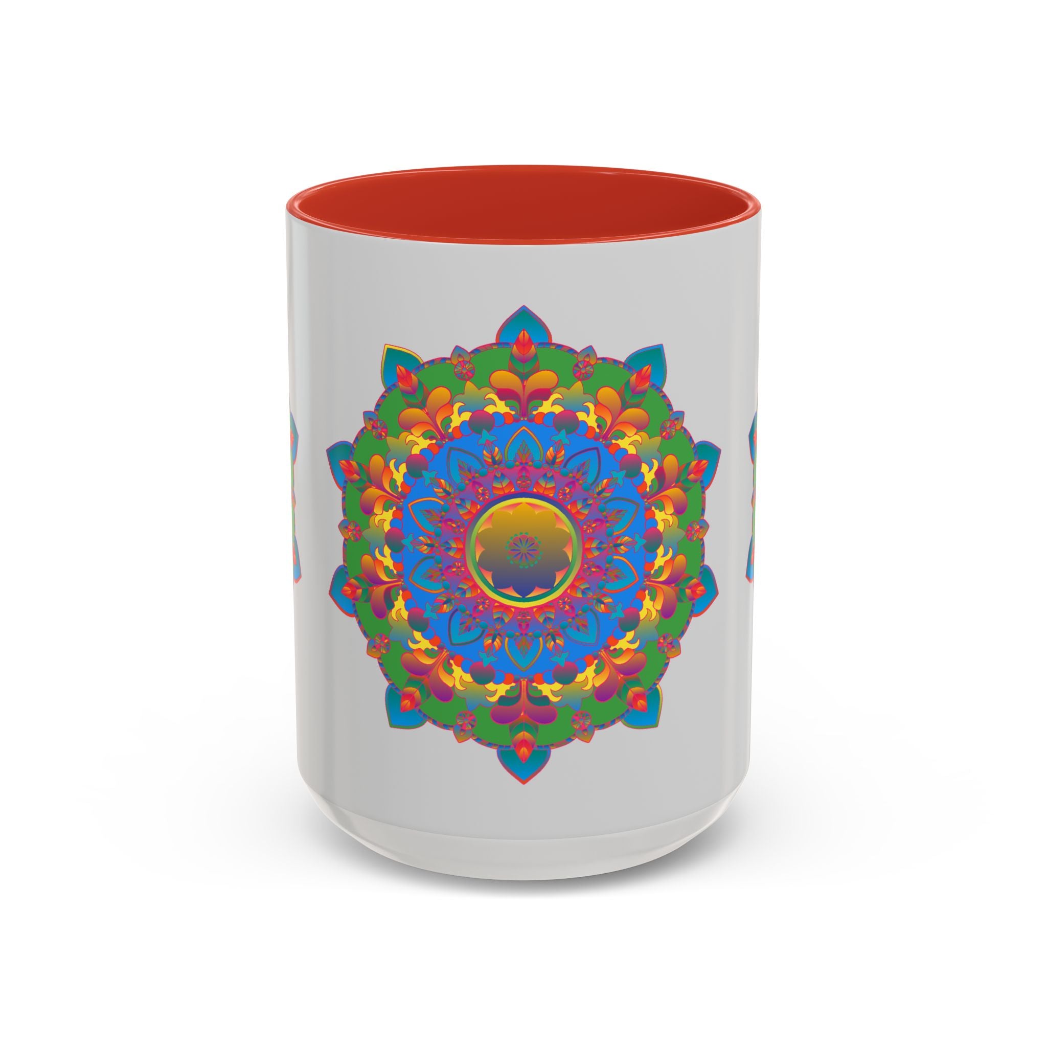 Colorful mandala flower design on grey ceramic mug