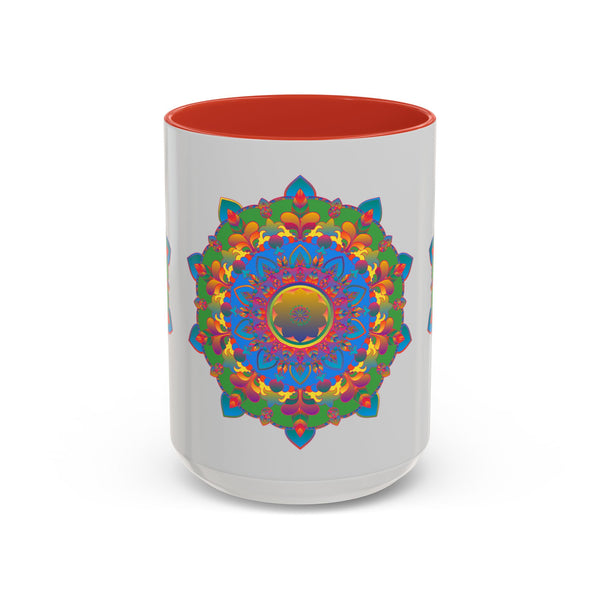 Colorful mandala flower design on grey ceramic mug