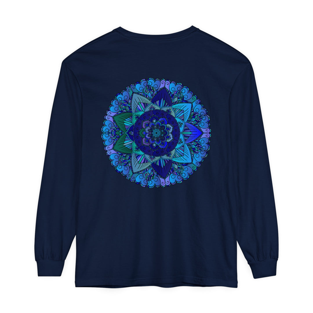 Dark blue and green mandala long sleeve t-shirt with intricate design