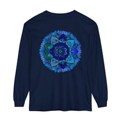 Dark blue and green mandala long sleeve t-shirt with intricate design